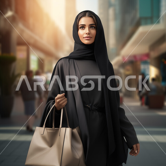 Attention to elegance and external appearance, the concept of softness and femininity, a smiling Saudi Arabian Gulf woman wearing the hijab and abaya, holding a women’s bag in her hand, looking with gestures of self-confidence, modern modern veiled fashion