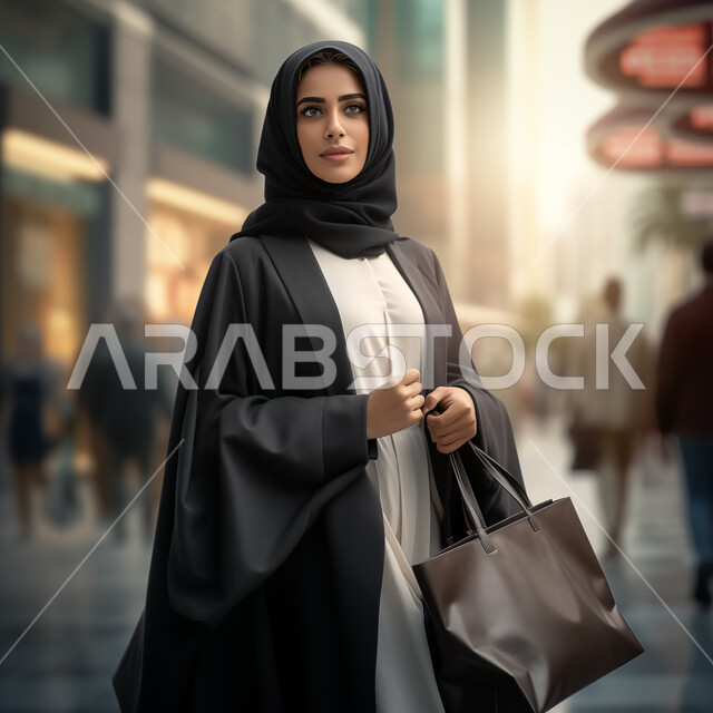 مفهوم النعومة و الأنوثة، الاهتمام بالأناقة والمظهر الخارجي، امرأة عربيه خليجيه سعودية مبتسمة ترتدي الحجاب والعباءة تحمل بيدها حقيبة نسائية، النظر بإيماءات الثقه بالنفس، أزياء محجبات عصرية حديثة