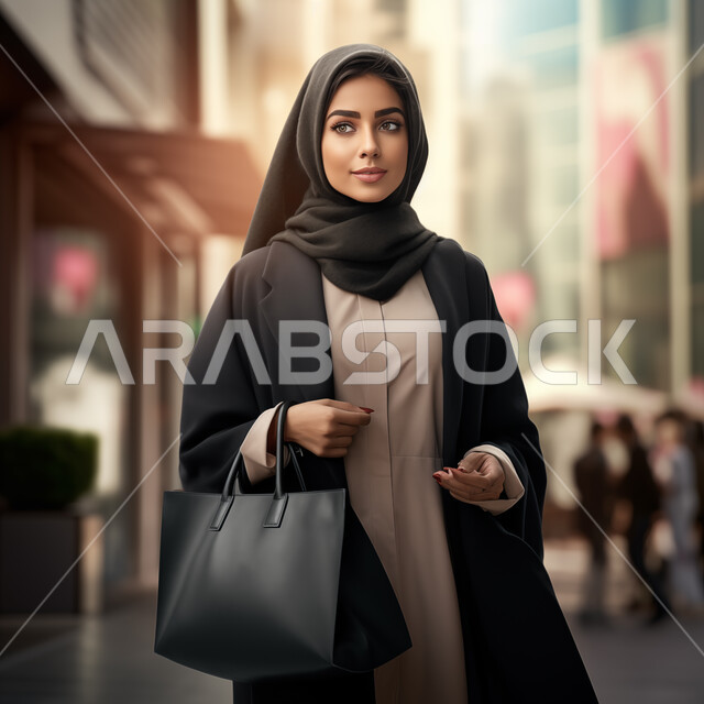 The concept of softness and femininity, attention to elegance and external appearance, a smiling Saudi Arabian Gulf woman wearing the hijab and abaya, carrying a women’s bag in her hand, looking with gestures of self-confidence, modern modern veiled fashion