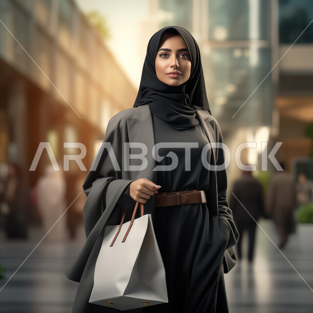 The concept of softness and femininity, attention to elegance and external appearance, a smiling Saudi Arabian Gulf woman wearing the hijab and abaya, carrying a women’s bag in her hand, looking with gestures of self-confidence, modern modern veiled fashion