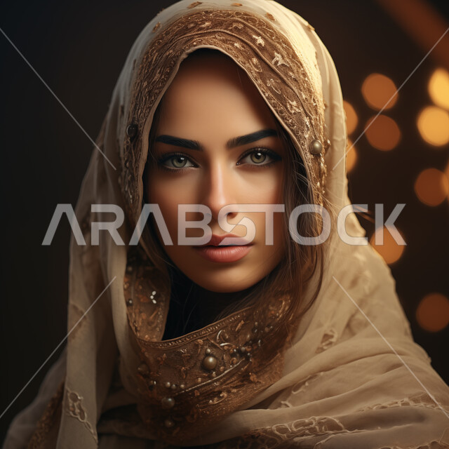 أزياء محجبات عصرية حديثة، مفهوم النعومة و الأنوثة، صورة مقربة لامرأة عربيه خليجيه سعودية مبتسمة ترتدي الحجاب تنظر إلى الكاميرا بإيماءات الجدية والثقه بالنفس، الاهتمام بالأناقة والمظهر الخارجي