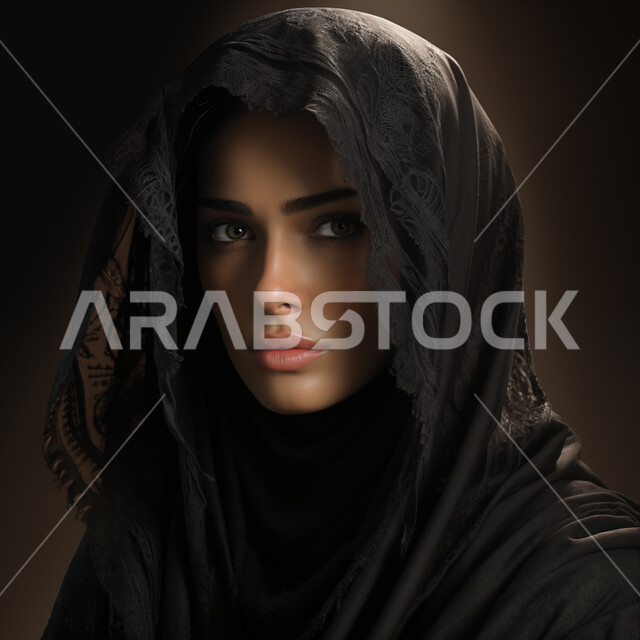 Modern modern veiled fashion, the concept of softness and femininity, a close-up image of a smiling Saudi Arabian Gulf woman wearing the hijab looking at the camera with gestures of seriousness and self-confidence, interest in elegance and external appearance