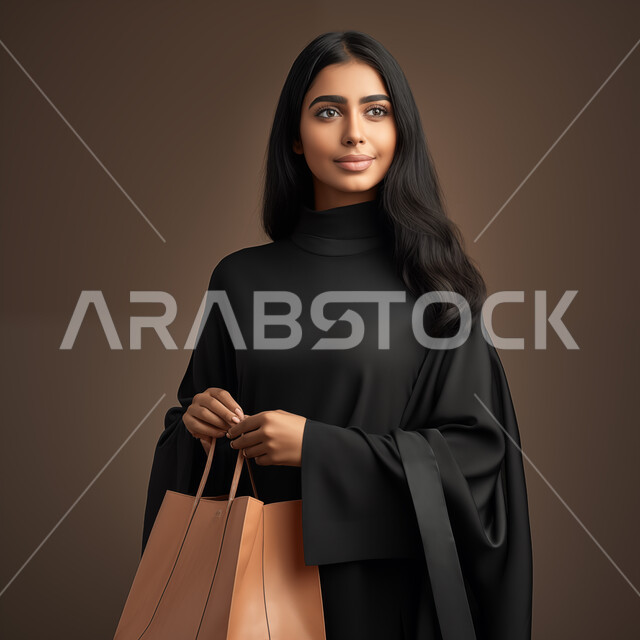 الأناقة والاهتمام بالمظهر الخارجي، أزياء عصرية حديثة، بورتريه لامرأة عربيه خليجيه سعودية مبتسمة تحمل بيدها حقيبة نسائية تنظر إلى شيء ما بإيماءات السرور، مفهوم النعومة و الأنوثة، خلفية بنية
