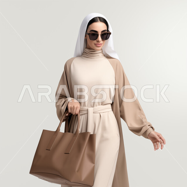 الأناقة والاهتمام بالمظهر الخارجي، أزياء محجبات عصرية حديثة، بورتريه لامرأة عربيه خليجيه سعودية مبتسمة ترتدي الحجاب والنظارة الشمسية تحمل بيدها حقيبة نسائية تنظر بإيماءات الجدية والثقه بالنفس، مفهوم النعومة و الأنوثة، خلفية بيضاء