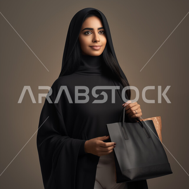 الأناقة والاهتمام بالمظهر الخارجي، أزياء محجبات عصرية حديثة، بورتريه لامرأة عربيه خليجيه سعودية مبتسمة ترتدي الحجاب تحمل بيدها حقيبة نسائية تنظر بإيماءات الجدية والثقه بالنفس، مفهوم النعومة و الأنوثة، خلفية بنية
