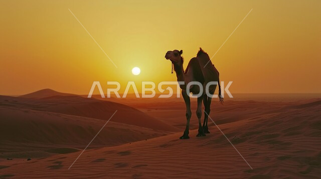 الاهتمام في تربية الجمال و الإبل، خلفية طبيعية لسماء برتقالية عند المغيب في المملكة العربية السعودية، مفهوم رعاية المواشي والثدييات، جمل عربي يقف وسط الصحراء عند غروب الشمس، الكثبان الرملية في المناطق الصحراوية