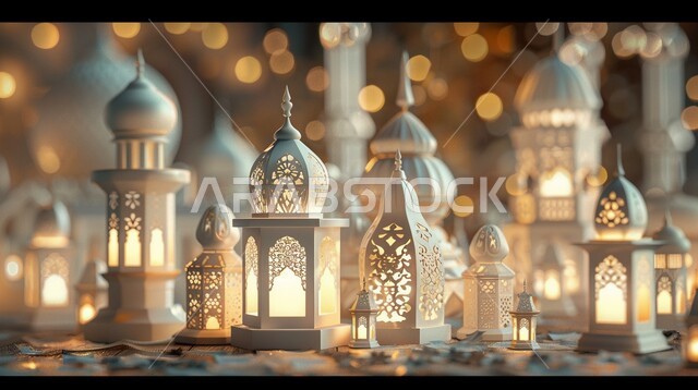 الفن الاسلامي للتحف والاكسسوارات، فوانيس عربية بيضاء مزخرفة مضيئة، إضاءة وزينة شهر رمضان المبارك، ديكورات وأنوار في الأجواء الرمضانية الروحانية، الفوانيس والتحف الاسلامية التقليدية للاحتفال بقدوم شهر الخير