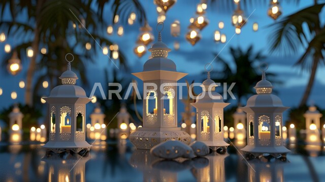 فوانيس عربية بيضاء مزخرفة مضيئة، إضاءة وزينة شهر رمضان المبارك، ديكورات وأنوار في الأجواء الرمضانية الروحانية، الفوانيس الاسلامية التقليدية للاحتفال بقدوم شهر الخير، الفن الاسلامي للتحف والاكسسوارات