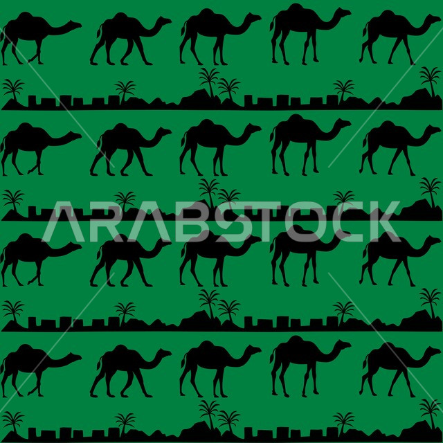A cultural icon representing Saudi identity, Sadu inscriptions with symbols of authentic Arabian camels, traditional handicraft heritage art, designs with geometric shapes for colorful Arabic decoration, popular Saudi heritage