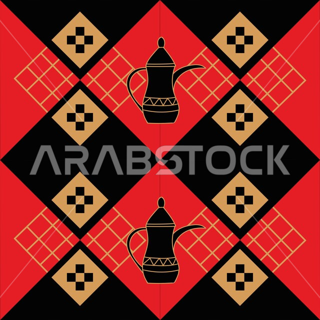 رمز كرم الضيافة وحسن الاستقبال في المملكة السعودية، الفن التراثي الحرفي التقليدي، تصاميم بأشكال هندسية للزخرفة العربيه الاصيله الملونة, التراث السعودي الشعبي، نقوش السدو مع دلة القهوة العربية