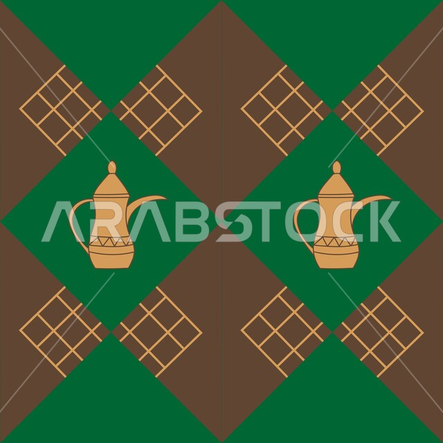 رمز كرم الضيافة وحسن الاستقبال في المملكة السعودية، الفن التراثي الحرفي التقليدي، تصاميم بأشكال هندسية للزخرفة العربيه الاصيله الملونة, التراث السعودي الشعبي، نقوش السدو مع دلة القهوة العربية