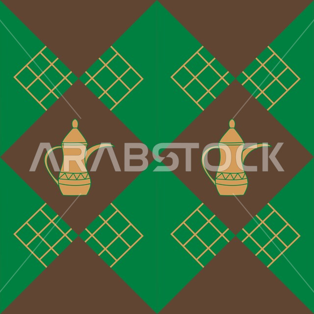 رمز كرم الضيافة وحسن الاستقبال في المملكة السعودية، الفن التراثي الحرفي التقليدي، تصاميم بأشكال هندسية للزخرفة العربيه الاصيله الملونة, التراث السعودي الشعبي، نقوش السدو مع دلة القهوة العربية