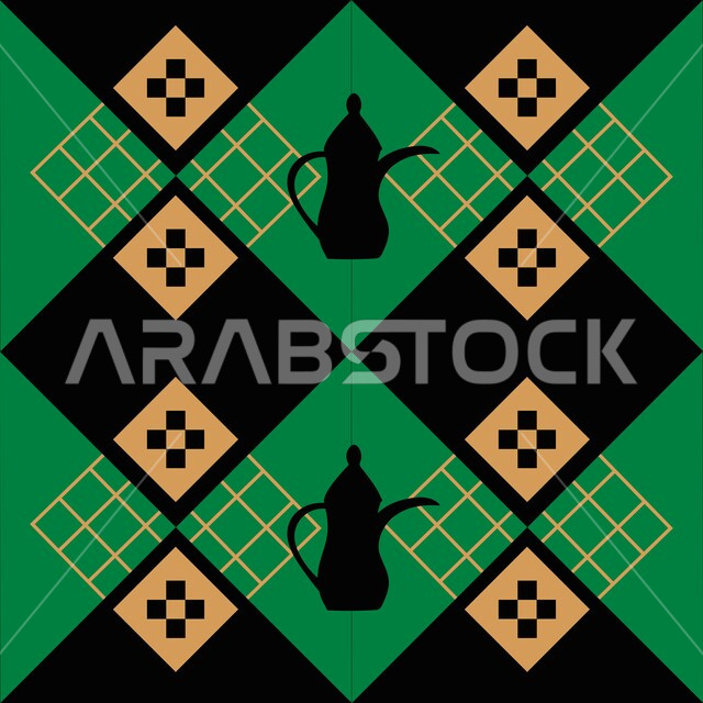 رمز كرم الضيافة وحسن الاستقبال في المملكة السعودية، الفن التراثي الحرفي التقليدي، تصاميم بأشكال هندسية للزخرفة العربيه الاصيله الملونة, التراث السعودي الشعبي، نقوش السدو مع دلة القهوة العربية