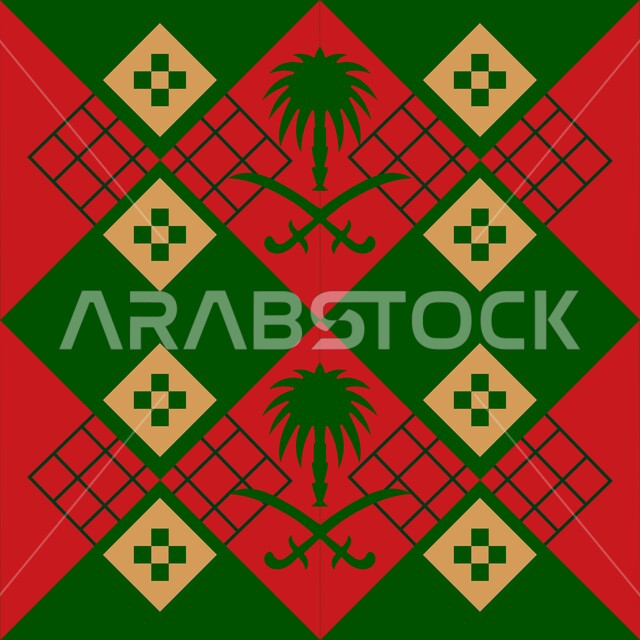 Sadu engravings with the emblem of the Kingdom of Saudi Arabia, the Kingdom of Saudi Arabia, traditional handicraft heritage art, designs in geometric shapes for colorful authentic Arabic decoration, popular Saudi heritage