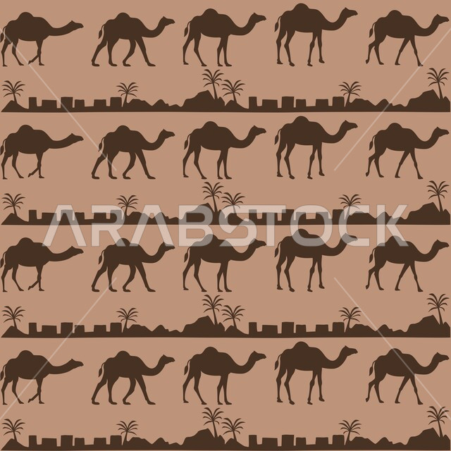 A cultural icon representing Saudi identity, Sadu inscriptions with symbols of authentic Arabian camels, traditional handicraft heritage art, designs with geometric shapes for colorful Arabic decoration, popular Saudi heritage