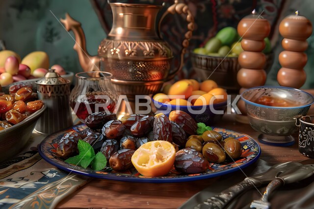 تمور ومكسرات صحية لذيذة، ضيافة ومشروبات ساخنة رمضانية شهية، غذاء صحي ومفيد، وجبة غذائية عالية الأهمية، منتجات ومحاصيل زراعية محلية سعودية وطنية، أطباق مليئة بالتمر والفواكه المجففة واللوز الطازجة