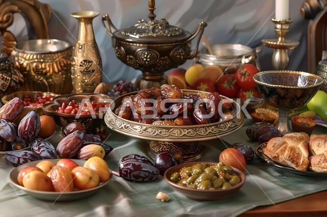 أطباق مليئة بالتمر والفواكه المجففة واللوز الطازجة، تمور ومكسرات صحية لذيذة، ضيافة ومشروبات ساخنة رمضانية شهية، غذاء صحي ومفيد، وجبة غذائية عالية الأهمية، منتجات ومحاصيل زراعية محلية سعودية وطنية