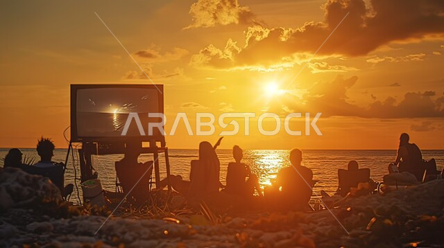 Silhouette of a group of people sitting on the beach and watching the sunset
