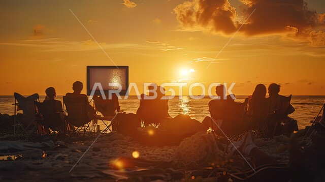 Spending fun and entertaining times with family and friends, enjoying summer events and activities, a silhouette of a group of people sitting on the beach and watching the sunset, coastal tourist places and attractions in the Kingdom, spending a summer vacation at the sea, beach resorts in Saudi Arabia