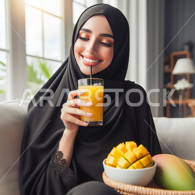 الجلسات الهادئة في إحدى الكافيهات الراقية في المملكة، تناول عصائر الفواكه الطازجة، صورة مقربة لإمرأة عربية خليجية سعودية مبتسمة ترتدي العباءة السوداء تحمل بيدها عصير مانجو طبيعي منعش