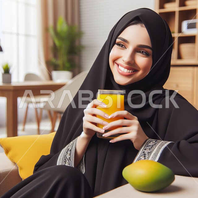 الجلسات الهادئة في إحدى الكافيهات الراقية في المملكة، تناول عصائر الفواكه الطازجة، صورة مقربة لإمرأة عربية خليجية سعودية مبتسمة ترتدي العباءة السوداء تحمل بيدها عصير مانجو طبيعي منعش