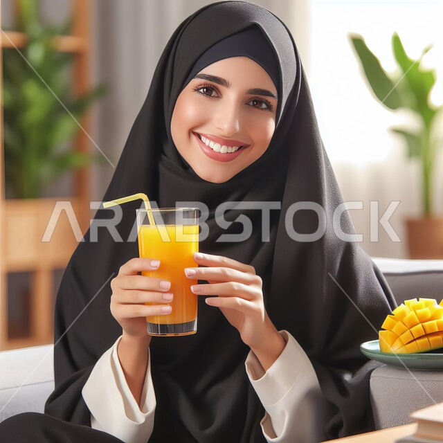 الجلسات الهادئة في إحدى الكافيهات الراقية في المملكة، تناول عصائر الفواكه الطازجة، صورة مقربة لإمرأة عربية خليجية سعودية مبتسمة ترتدي العباءة السوداء تحمل بيدها عصير مانجو طبيعي منعش