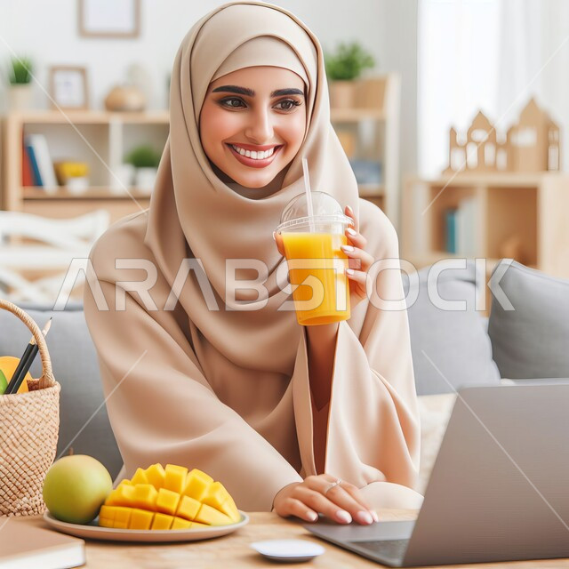 تناول عصائر الفواكه الطازجة، الجلسات الهادئة في إحدى الكافيهات الراقية في المملكة، صورة مقربة لإمرأة عربية خليجية سعودية مبتسمة ترتدي العباءة البيج تحمل بيدها عصير مانجو طبيعي منعش وتقوم باستخدام الحاسب المحمول