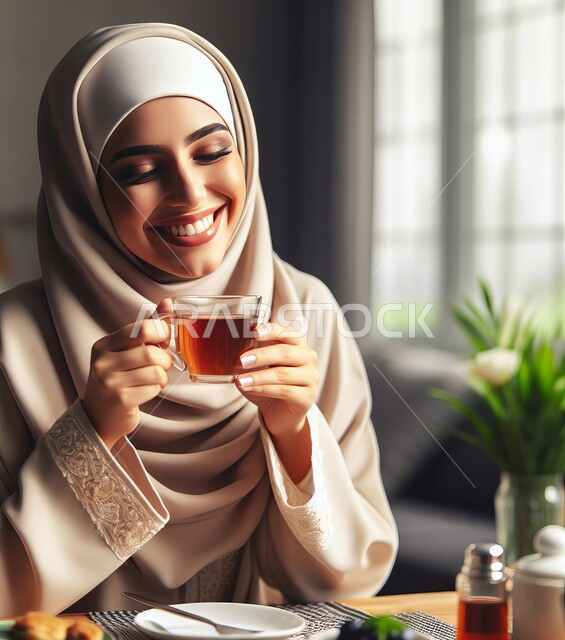 الاستمتاع بتناول المشروبات الساخنة، الجلسات الهادئة في إحدى الكافيهات الراقية في المملكة، امرأة عربية خليجية سعودية مبتسمة ترتدي العباءة البيج تحمل بيدها كوب الشاي