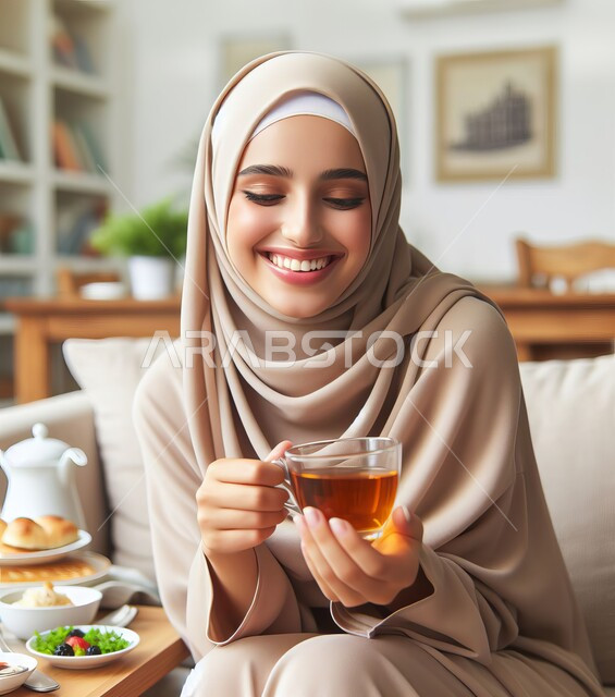 الاستمتاع بتناول المشروبات الساخنة، الجلسات الهادئة في إحدى الكافيهات الراقية في المملكة، امرأة عربية خليجية سعودية مبتسمة ترتدي العباءة البيج تحمل بيدها كوب الشاي
