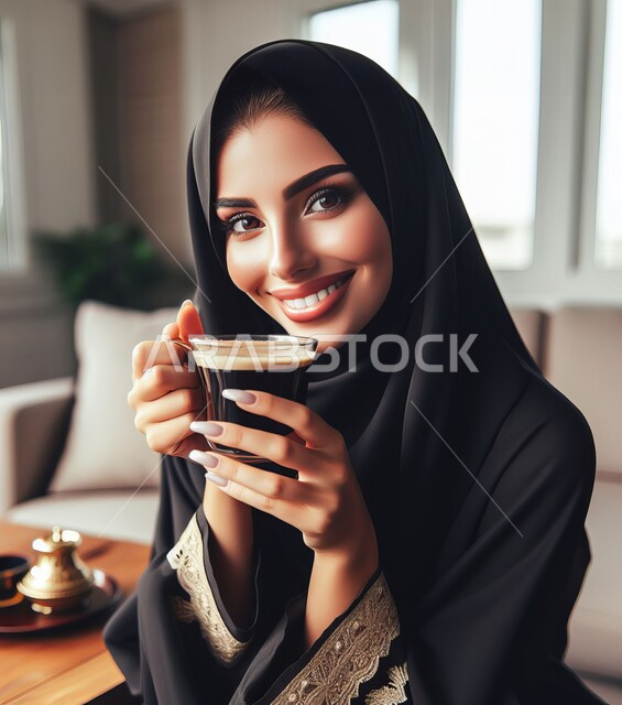 النظر إلى الكاميرا بإيماءات الأنوثة والنعومة، الاستمتاع بتناول المشروبات الساخنة، الجلسات الهادئة في إحدى الكافيهات الراقية في المملكة، امرأة عربية خليجية سعودية مبتسمة ترتدي العباءة السوداء تحمل بيدها فنجان القهوة