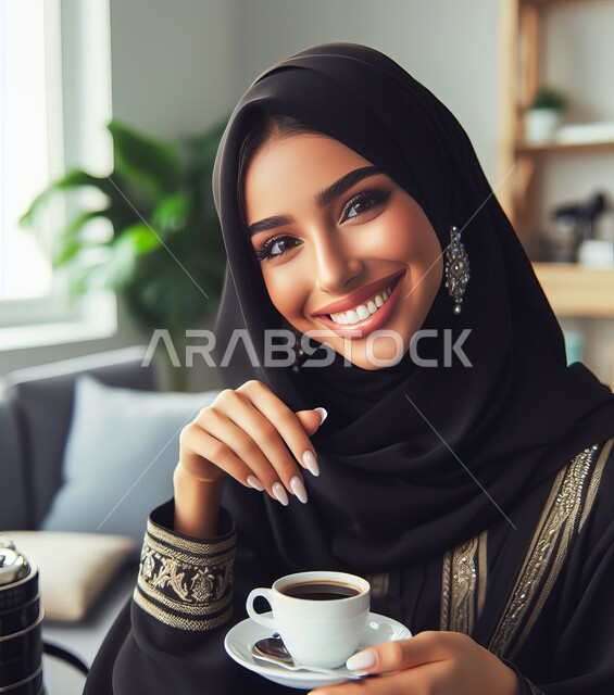 النظر إلى الكاميرا بإيماءات الأنوثة والنعومة، الاستمتاع بتناول المشروبات الساخنة، الجلسات الهادئة في إحدى الكافيهات الراقية في المملكة، امرأة عربية خليجية سعودية مبتسمة ترتدي العباءة السوداء تحمل بيدها فنجان القهوة