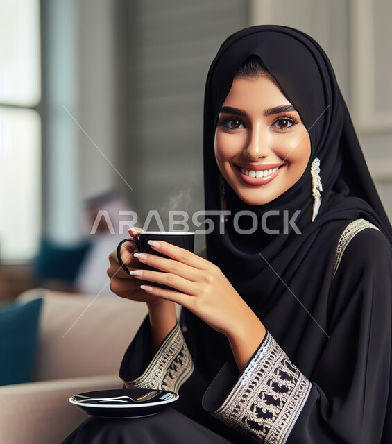Looking at the camera with feminine and soft gestures, enjoying hot drinks, quiet sessions in one of the upscale cafes in the Kingdom, a smiling Saudi Gulf Arab woman wearing a black abaya holding a cup of coffee in her hand.