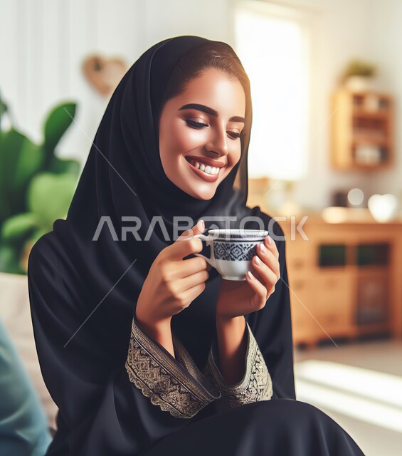 إيماءات الأنوثة والنعومة، الاستمتاع بتناول المشروبات الساخنة، الجلسات الهادئة في إحدى الكافيهات الراقية في المملكة، امرأة عربية خليجية سعودية مبتسمة ترتدي العباءة السوداء تحمل بيدها فنجان القهوة