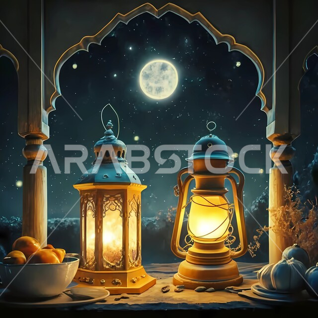  إضاءة وزينة شهر رمضان المبارك، ديكورات وأنوار في الأجواء الرمضانية الروحانية، فوانيس و تحف اسلامية تقليدية للاحتفال بقدوم شهر الخير، الفن الاسلامي للتحف والاكسسوارات، فانوس عربي معدني مزخرف مضيء، خلفية القمر المضيء في السماء