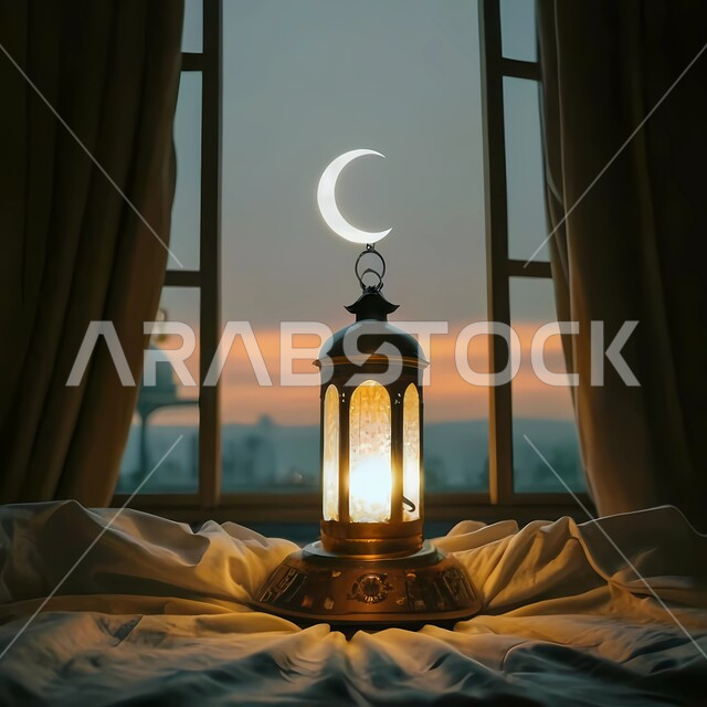  إضاءة وزينة شهر رمضان المبارك، ديكورات وأنوار في الأجواء الرمضانية الروحانية، فوانيس و تحف اسلامية تقليدية للاحتفال بقدوم شهر الخير، الفن الاسلامي للتحف والاكسسوارات، فانوس عربي معدني مزخرف مضيء، خلفية القمر المضيء في السماء