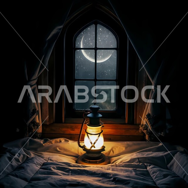  إضاءة وزينة شهر رمضان المبارك، ديكورات وأنوار في الأجواء الرمضانية الروحانية، فوانيس و تحف اسلامية تقليدية للاحتفال بقدوم شهر الخير، الفن الاسلامي للتحف والاكسسوارات، فانوس عربي معدني مزخرف مضيء، خلفية القمر المضيء في السماء