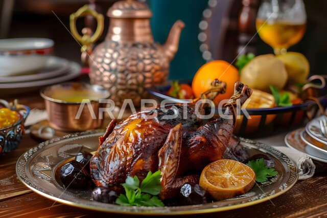دجاجة مشوية لوجبة الغداء على طاولة الطعام، أصناف الأطباق والمقبلات العربية الشرقية اللذيذة، وصفات المأكولات الشعبية التقليدية الشهية، المطاعم والمطابخ في المملكة العربية السعودية 