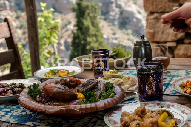 أصناف الأطباق والمقبلات العربية الشرقية اللذيذة، وصفات المأكولات الشعبية التقليدية الشهية، المطاعم والمطابخ في المملكة العربية السعودية، طاولة طعام مليئة بالوجبات المتنوعة