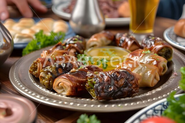 أصناف الأطباق والمقبلات العربية الشرقية اللذيذة، وصفات المأكولات الشعبية التقليدية الشهية، المطاعم والمطابخ في المملكة العربية السعودية، طاولة طعام مليئة بالوجبات المتنوعة