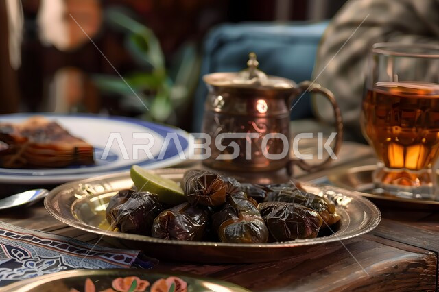 المطاعم والمطابخ في المملكة العربية السعودية، طاولة طعام مليئة بالوجبات المتنوعة، أصناف الأطباق والمقبلات العربية الشرقية اللذيذة، وصفات المأكولات الشعبية التقليدية الشهية 