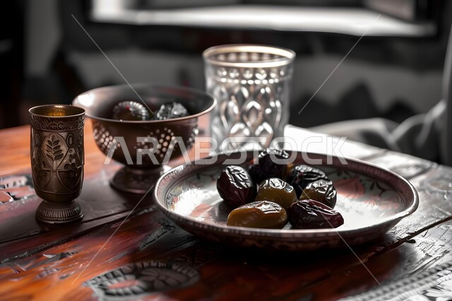 طبق من الزيتون الأسود لوجبة الفطور على طاولة الطعام، أصناف الأطباق والمقبلات العربية الشرقية اللذيذة، وصفات المأكولات الشعبية التقليدية الشهية، المطاعم والمطابخ في المملكة العربية السعودية 