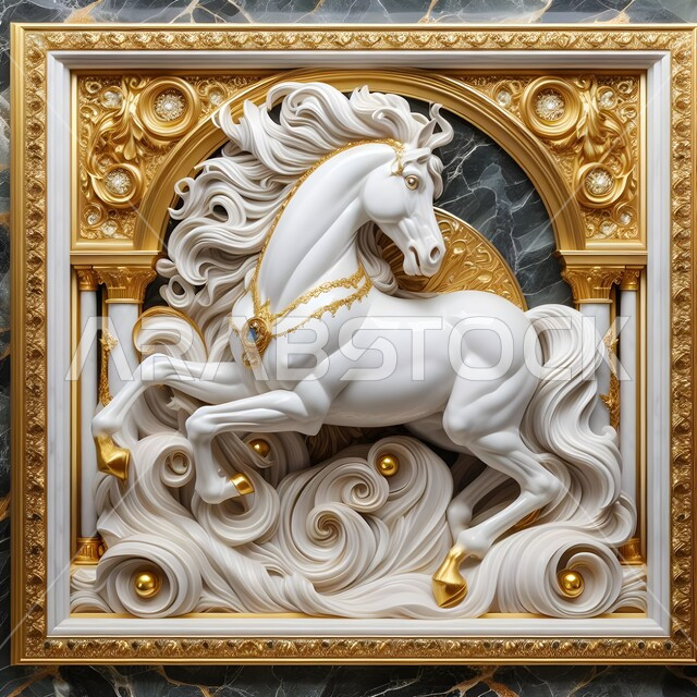 Fine golden marble sculptures and decorations, modern artistic decorations and designs, three-dimensional wall drawings of a model of a purebred white Arabian horse, a symbol of chivalry and courage, a passion for purebred Arabian horses, a love of horses and interest in them.