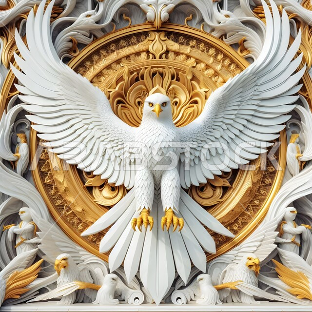Modern artistic designs and decorations, a three-dimensional wall model of a predatory falcon, the Saudis’ passion and love for predatory Arabian birds, fine accessories, decorations and artistic masterpieces, a marble sculpture to symbolize strength and challenge.