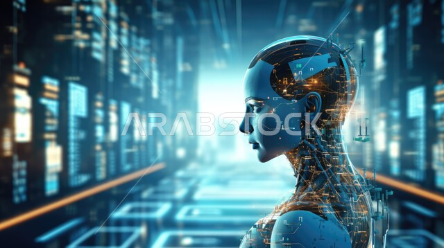  مجسم ثلاثي الابعاد لرأس رجل آلي ذات تقنيه وتكنولوجيا عاليه, رؤية السعودية 2030, الكفاءة في التصنيع والإنتاج والابتكار والعلوم وتحقيق الثورة الصناعية, تصاميم ثلاثية الأبعاد للروبوتات المستقبلية, خلفية تقنية رقمية 