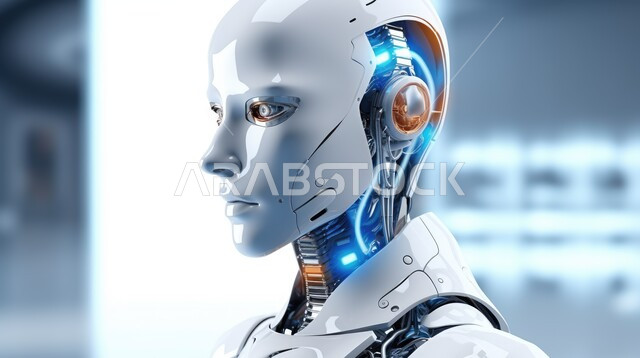 برمجة وتحديث وتقدم تقنية الذكاء الاصطناعي, صورة مقربة لرأس روبوت بشري يرتدي سماعة اذن لاسلكية, رجل آلي حديث ومتطور بتقنيات عالية, الكفاءة في التصنيع والإنتاج والابتكار والعلوم وتحقيق الثورة الصناعية, تكنولوجيا المستقبل والتحول الرقمي