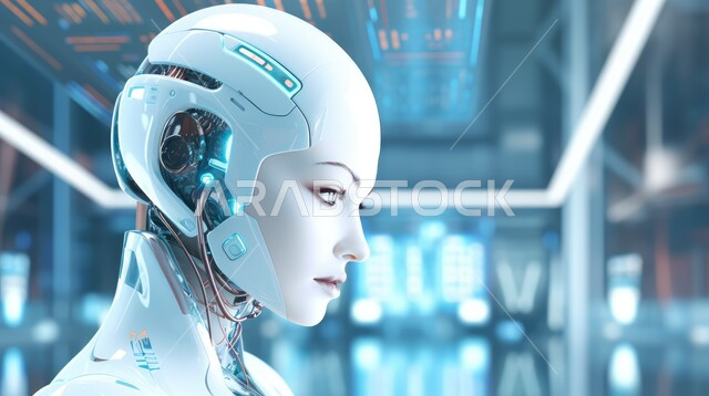 رجل آلي حديث ومتطور بتقنيات عالية, الكفاءة في التصنيع والإنتاج والابتكار والعلوم وتحقيق الثورة الصناعية, تكنولوجيا المستقبل والتحول الرقمي,برمجة وتحديث وتقدم تقنية الذكاء الاصطناعي, صورة مقربة لرأس روبوت بشري يرتدي سماعة اذن لاسلكية 