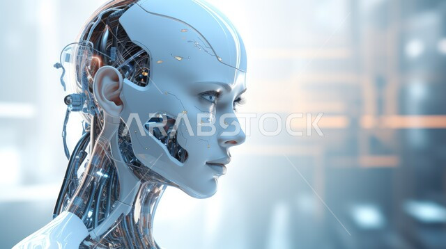 تكنولوجيا المستقبل والتحول الرقمي, صورة مقربة لرأس روبوت بشري يرتدي سماعة اذن لاسلكية, رجل آلي حديث ومتطور بتقنيات عالية, برمجة وتحديث وتقدم تقنية الذكاء الاصطناعي, الكفاءة في التصنيع والإنتاج والابتكار والعلوم وتحقيق الثورة الصناعية