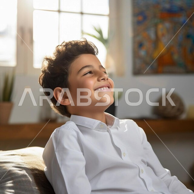 تعابير السعادة والسرور، مفهوم الاهتمام بالمظهر الخارجي للأولاد, ولد عربي خليجي سعودي مبتسم يرتدي الثوب التقليدي الأبيض يجلس على الأريكة بإيماءات الراحة
