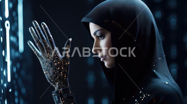 Modern screens and advanced inventions, technology and the achievement of the industrial revolution, a close-up photo from the side of a veiled Saudi Arabian Gulf woman looking at the digital screen, technological growth and electronic development, Saudi Vision 2030, a three-dimensional holographic background.