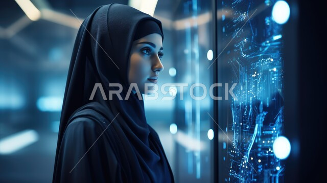 رؤية السعودية ٢٠٣٠، صورة مقربة من الجانب لإمرأة عربية سعودية خليجية محجبة  تنظر إلى الشاشة الرقمية ،التكنولوجيا وتحقيق الثورة الصناعية, الشاشات الحديثة والاختراعات المتطورة,  النمو التكنولوجي والتطور الالكتروني، خلفية هولوجرامية ثلاثية الأبعاد.
